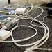 A surge protector full of power cords at the exhibition day of Hackathon on Sunday, Feb. 3. Daniel Brenner I AnnArbor.com
